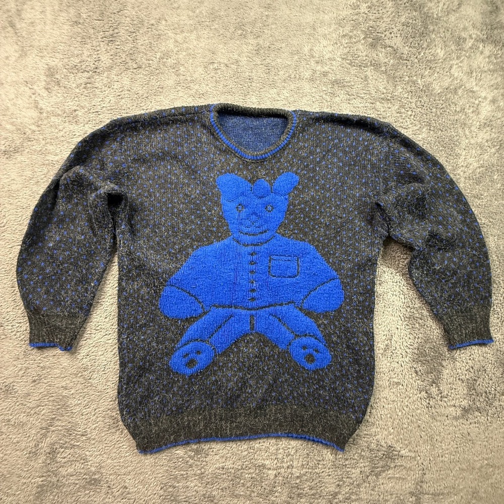 Vintage 80s PST Made in England Teddy Bear Intarsia Knit Sweater Charcoal Blue M